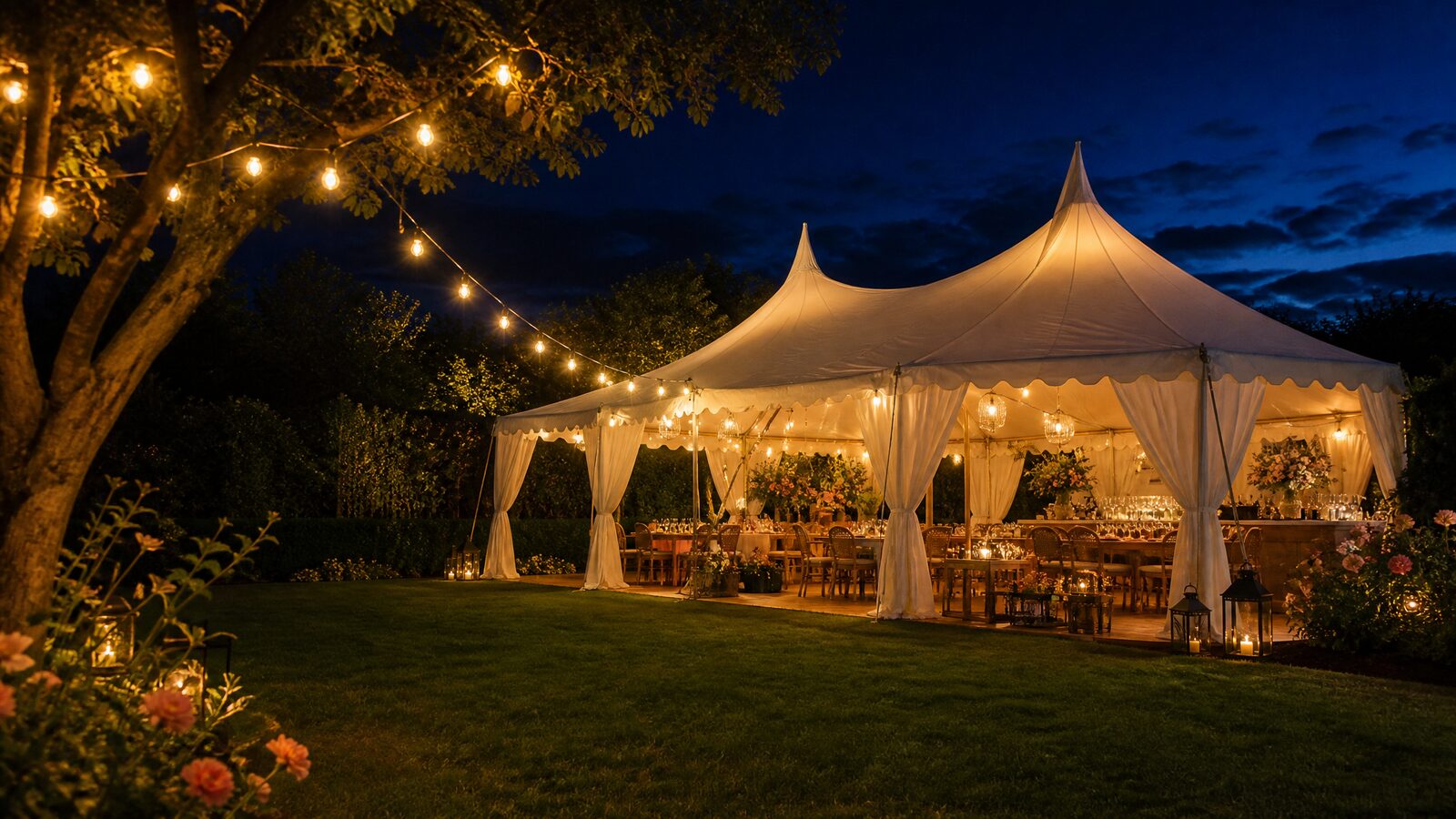 Sfeervol verlichte witte partytent in een tuin bij avondlicht, klaar voor een feest