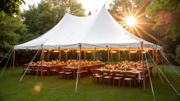 Witte stretchtent in een groene tuin met sfeerverlichting voor een zomerfeest